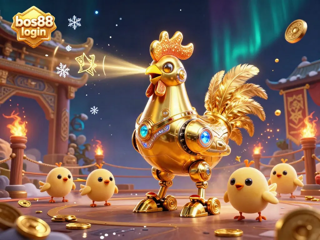 Experience the thrill of gaming with bos88 login featuring a futuristic rooster robot and baby chick drones in action.