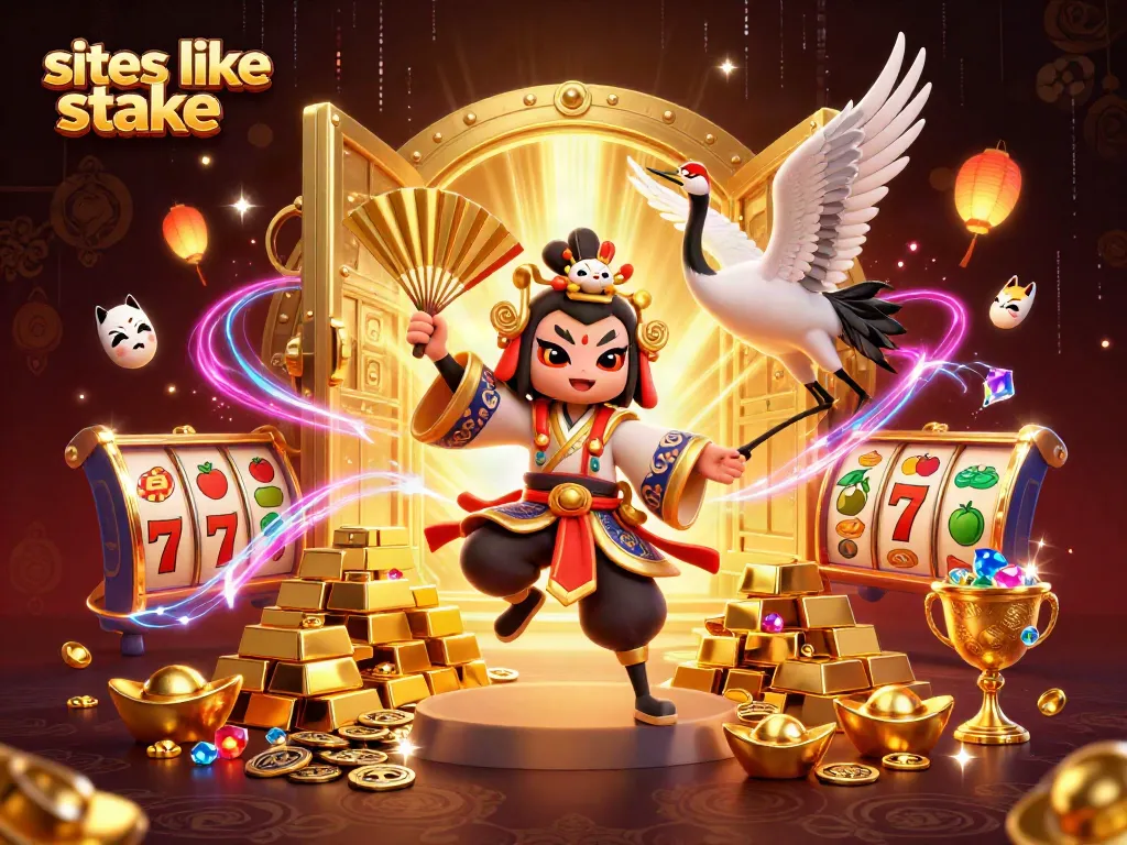 Play exciting games like slots with sites like stake in a vibrant casino scene filled with treasure.