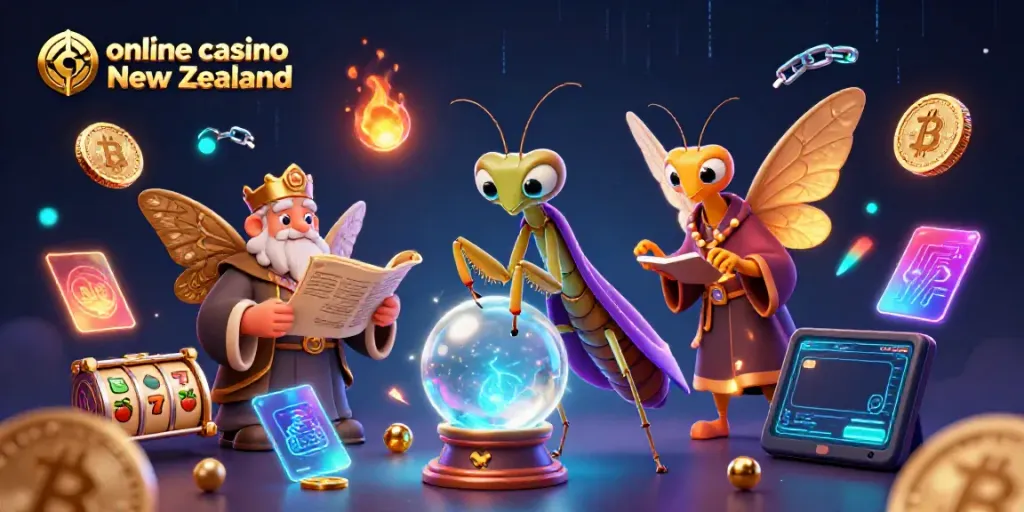 Engage with the exciting world of online casino New Zealand featuring vibrant characters, slot elements, and cryptocurrencies.