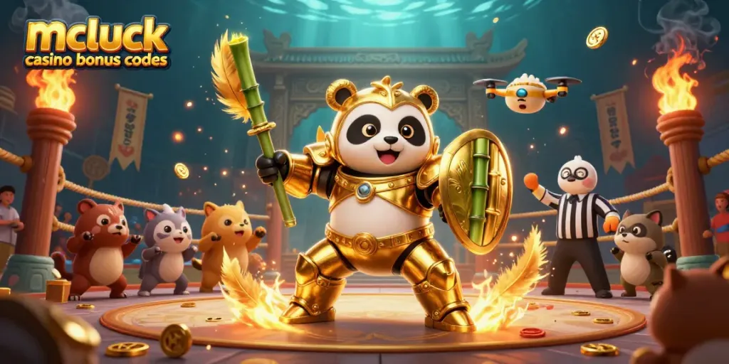 Engage with mcluck casino bonus codes through an epic scene of a golden panda in action.