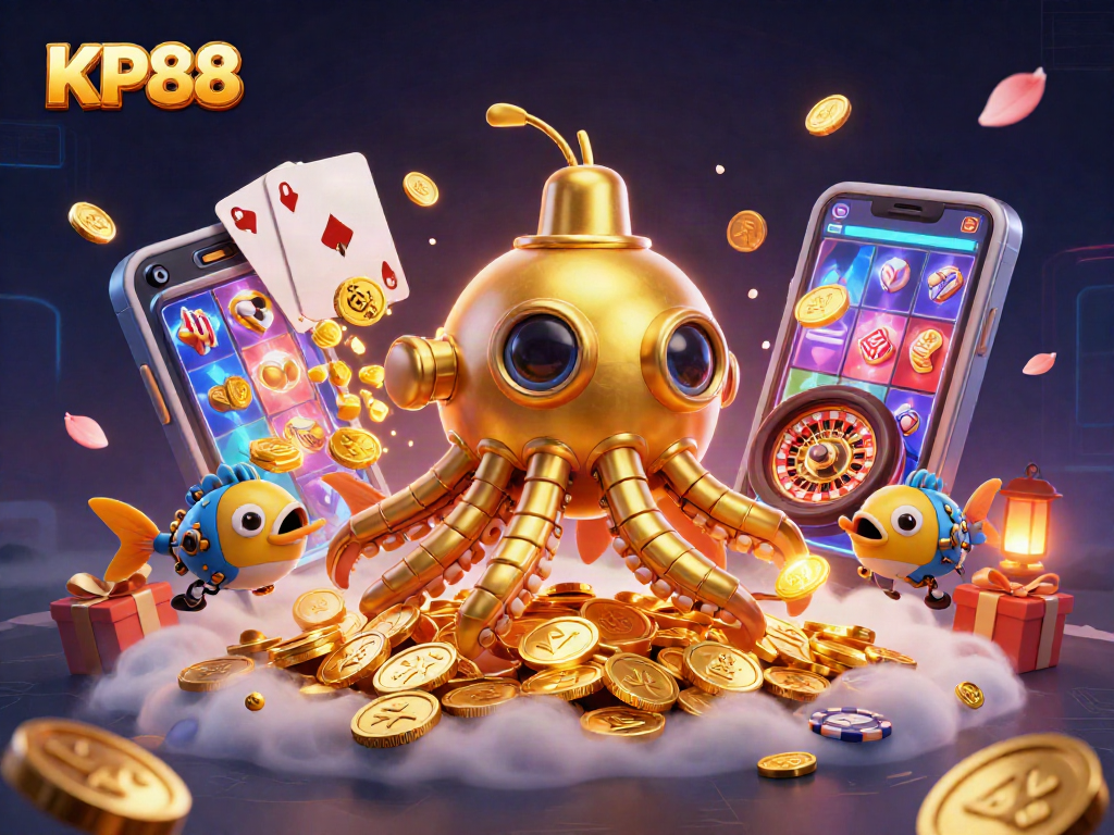 KP88 showcases thrilling slot games and exciting casino elements in a vibrant 3D illustration.