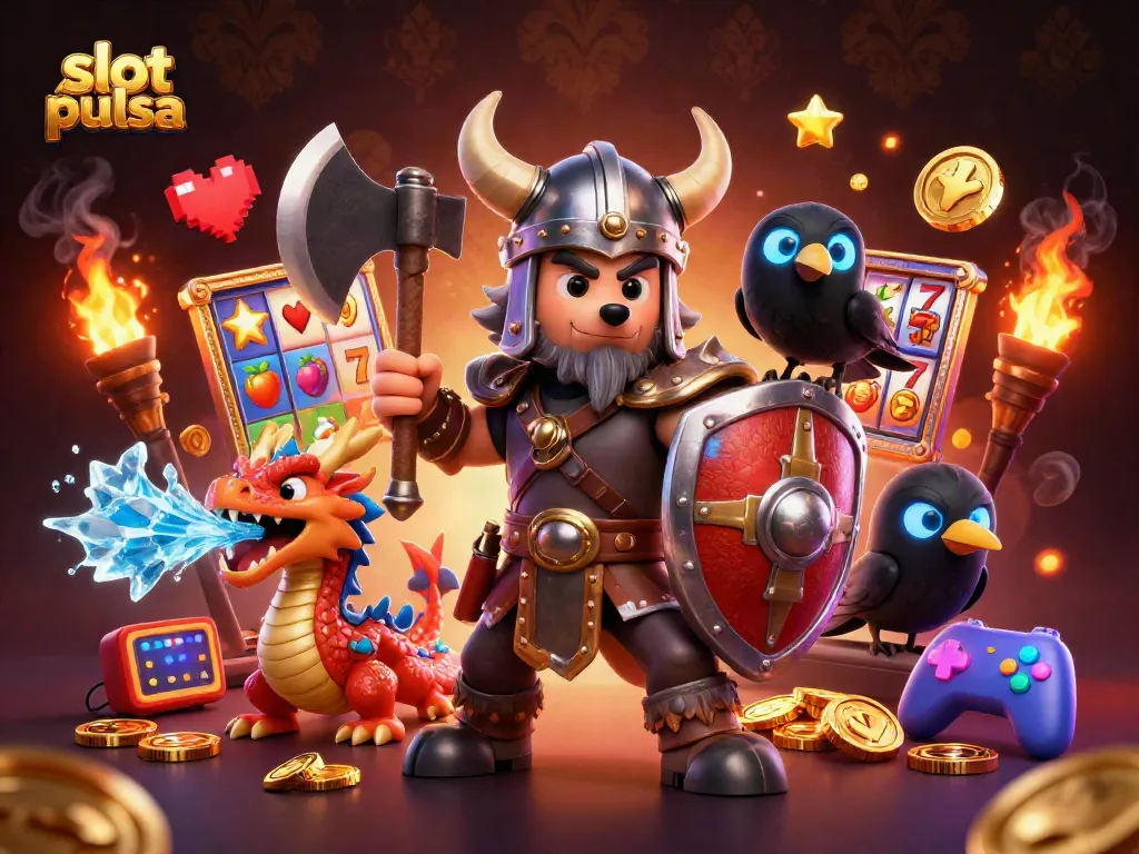 Experience thrilling slot pulsa action with a Viking warrior and ice-breathing dragon in a vibrant casino scene.