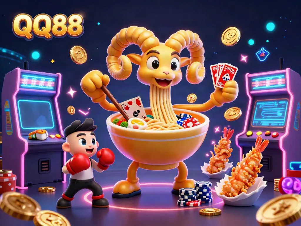 Engage in thrilling casino action with QQ88's vibrant 3D scene featuring playful characters and dynamic game elements.