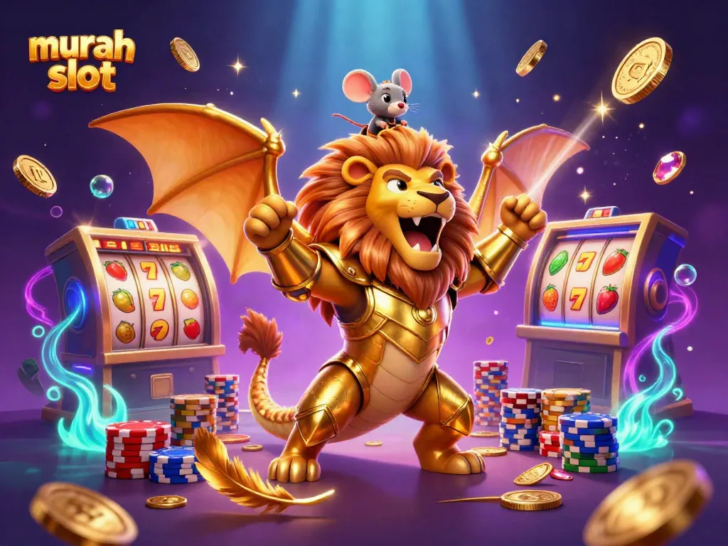 Slot murah slot dengan mesin slot, koin emas, dan makhluk mitos bersinar.