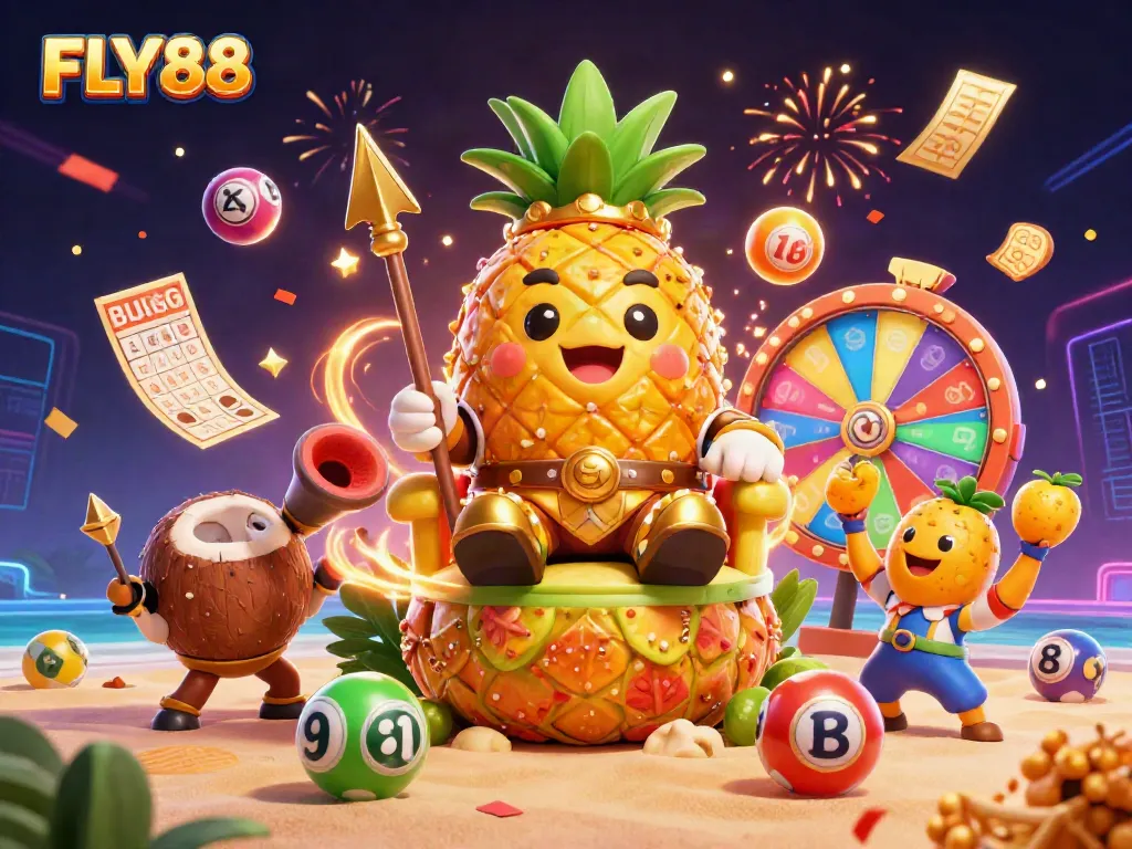 Experience the excitement of FLY88 with vibrant casino elements and dynamic characters in this 3D illustration.