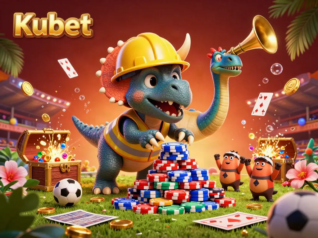 Kubet's dynamic sports betting celebration with a triceratops building poker chip towers.