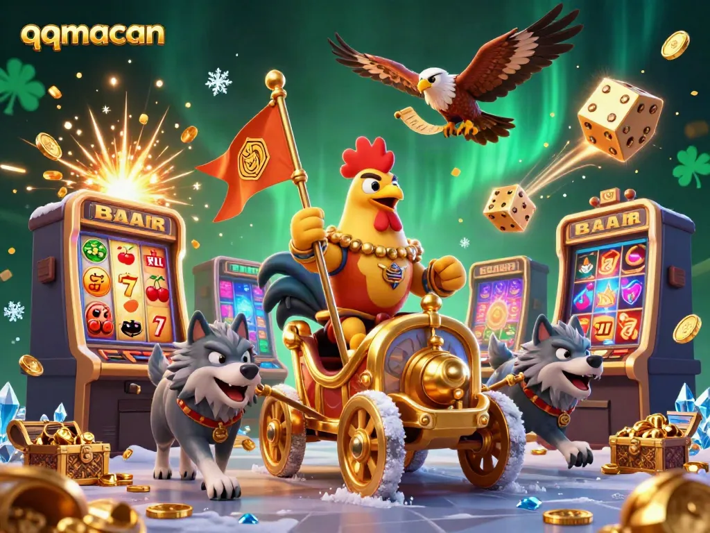 Experience the thrill of qqmacan with a dynamic 3D scene featuring a rooster warlord, slot machine explosions, and gold coin rewards.
