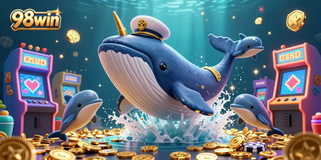 Play and win big with 98win, featuring a whale, narwhal, and dolphins in an exciting casino-themed scene.