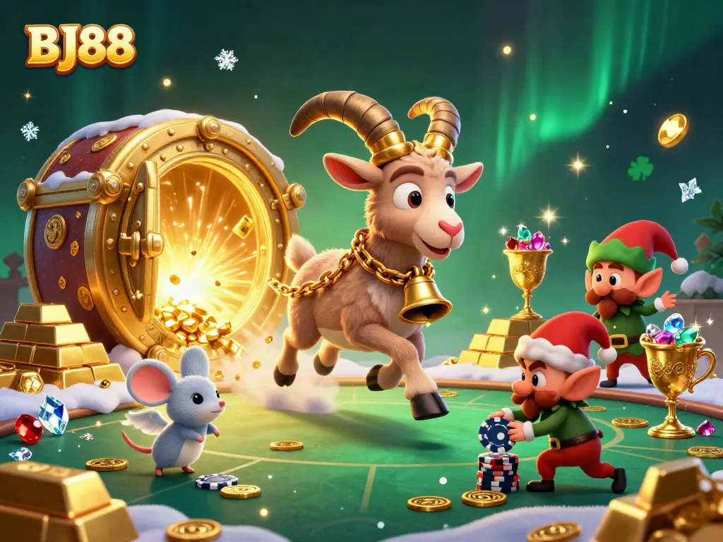 BJ88 captures the excitement of a lively casino scene with a Krampus goat, angel mouse, and mischievous gremlins stealing poker chips.