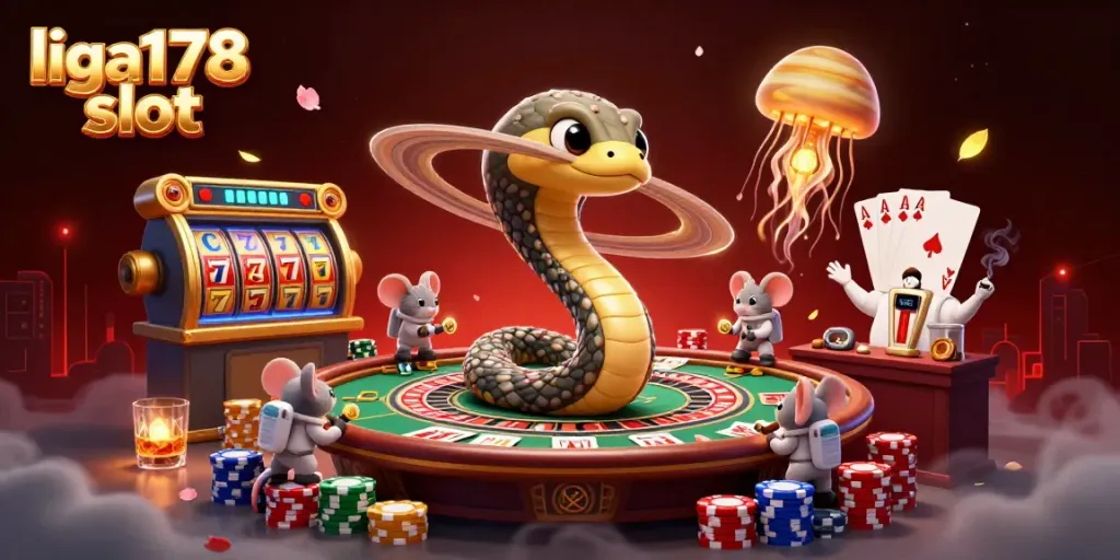 Menangi jackpot liga178 slot dengan ilustrasi seru karakter slot dan dealer luar angkasa.