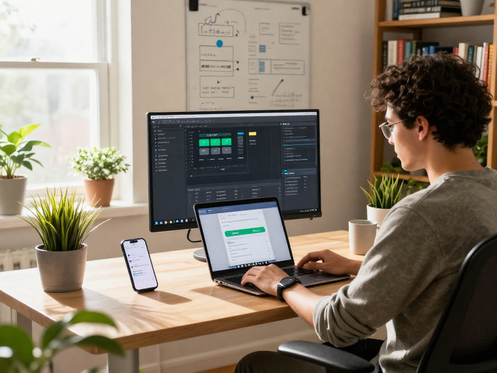 Seamless remote work setup using ToDesk with laptop and monitors in a vibrant home office.