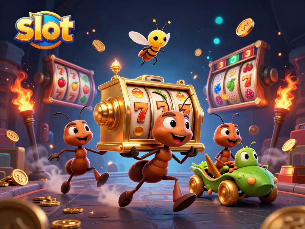 Ant mengangkut mesin slot emas sambil dikelilingi koin dan elemen kasino lainnya.