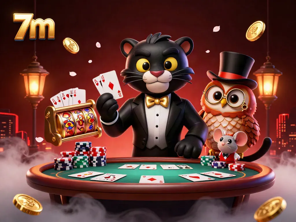 Experience the excitement of 7m casino gaming with stylish characters dealing cards and fun elements.