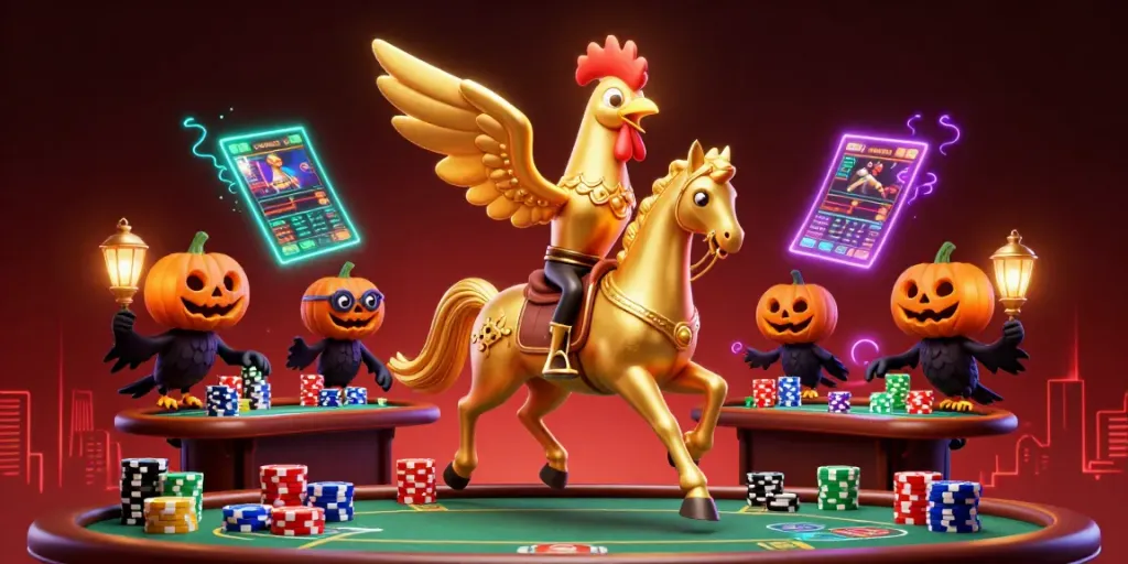 Cá Cược Thể Thao features a golden rooster betting amidst a dazzling casino setting, showcasing vibrant gaming elements.