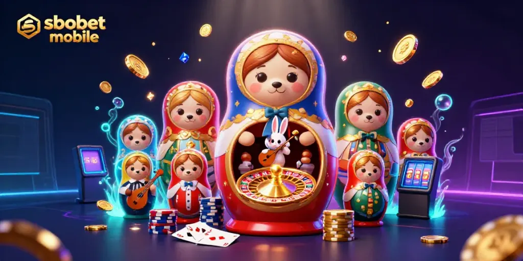Sparkling sbobet mobile scene with a Matryoshka bear and casino elements revealing exciting features.
