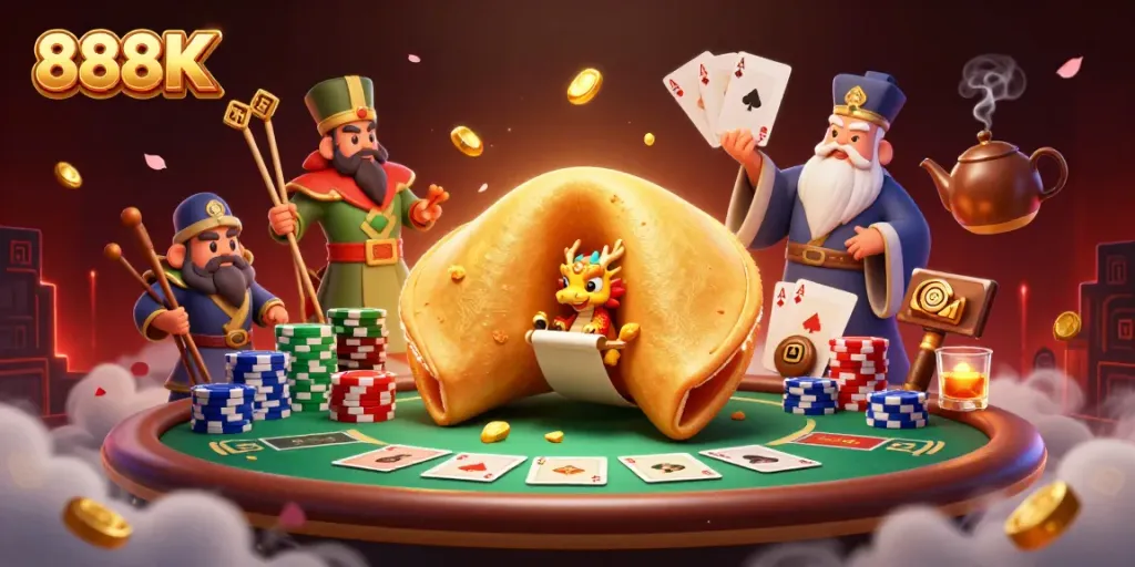 Experience the thrill of 888K with a golden fortune cookie and poker table elements.