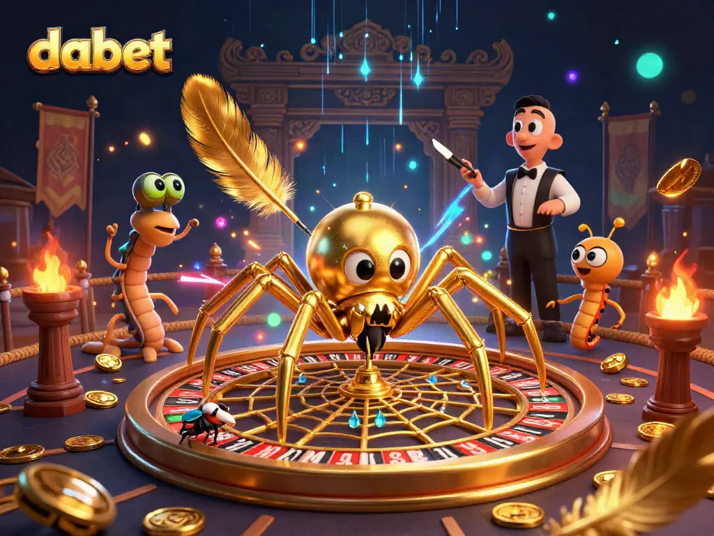 Dabet showcases thrilling bets in a vibrant casino scene with a golden spider and a centipede croupier.