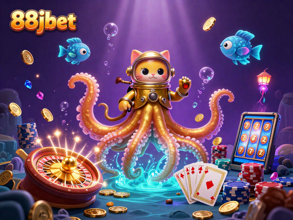 Experience the excitement of 88jbet with a kraken, diving cat, and roulette action.