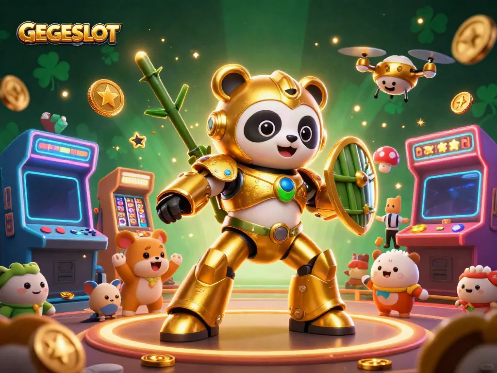 Engage with GEGESLOT's vibrant gaming scene with a 3D panda mech robot in action.