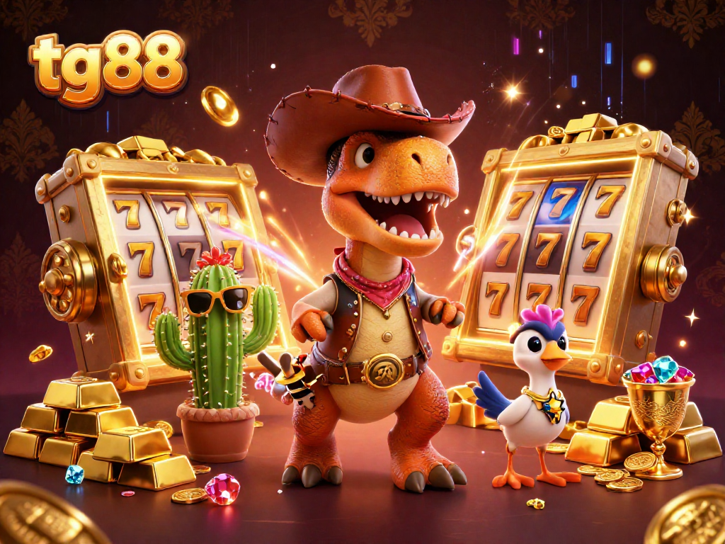 Spin lucky reels at tg88 with a fun T-Rex, gold treasures, and vibrant casino ambiance.