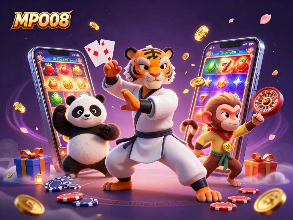 MPO08 showcases a lively scene where a kung fu tiger master teaches as a panda mimics while a monkey steals a golden medal amidst thrilling casino game elements.