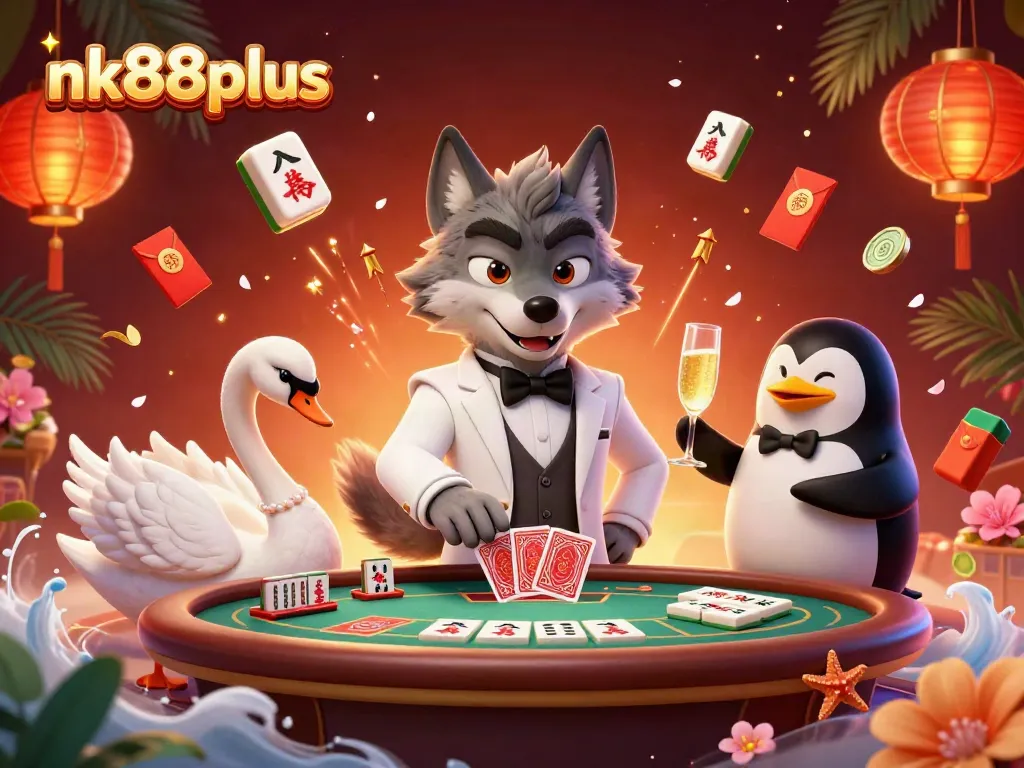 Engage in thrilling games at nk88plus, featuring a debonair wolf and elegant characters at a vibrant baccarat table.
