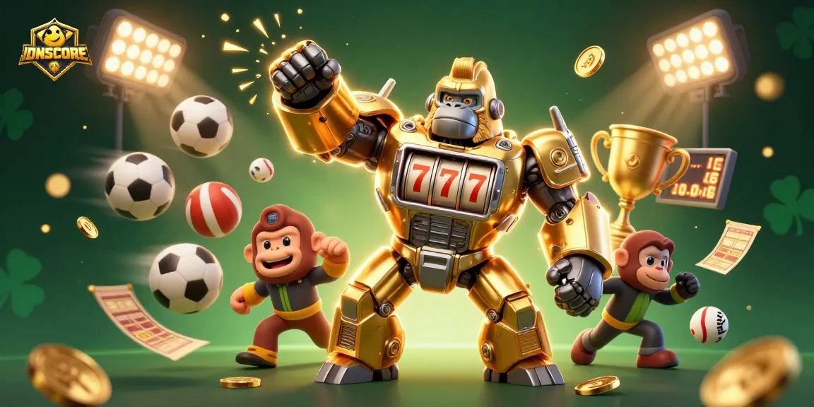 Engage with exciting IDNSCORE sports betting adventures featuring a golden gorilla mech, coins, and sports balls