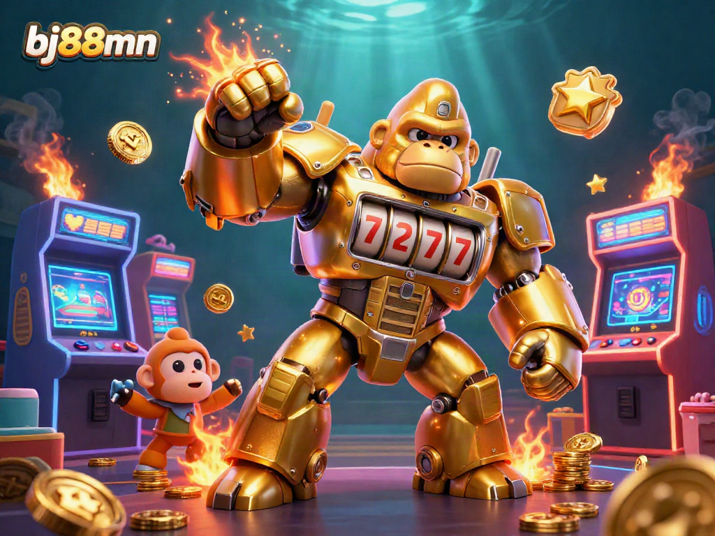 Experience excitement with the bj88mn slot machine mech amid a vibrant gaming scene.