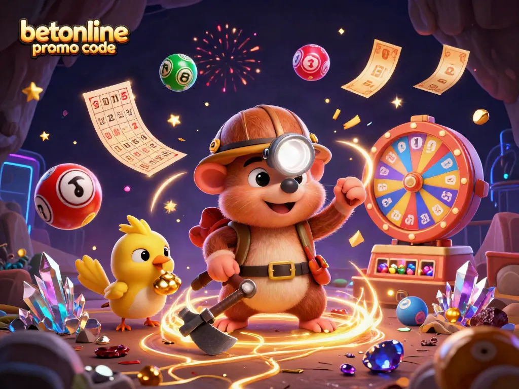 Engage with the excitement of BetOnline promo code offers through this colorful 3D illustration of treasures and games.