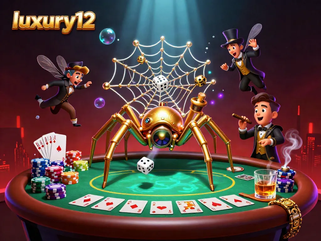 Engage in the excitement of luxury12 as a cartoon spider captures dice in a vivid casino scene.
