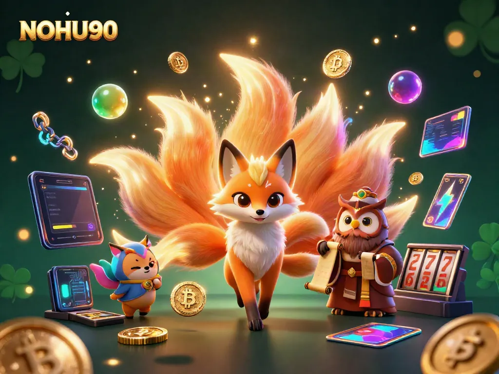 Experience thrilling gameplay with NOHU90 in an enchanting casino scene featuring vibrant spirits and gaming elements.