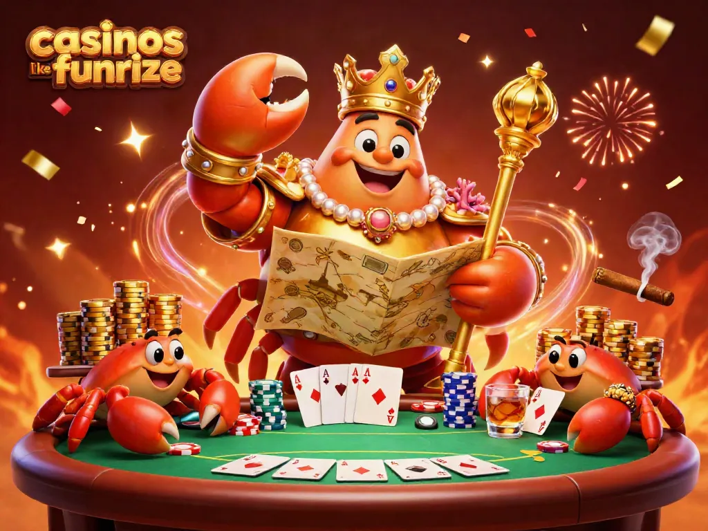 Experience the fun of casinos like Funrize with this vibrant 3D illustration showcasing a golden crab emperor and poker elements.