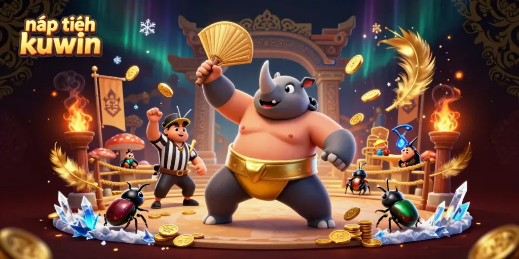 Nạp tiền kuwin in action as a rhinoceros beetle champion celebrates winning in a vibrant casino scene.