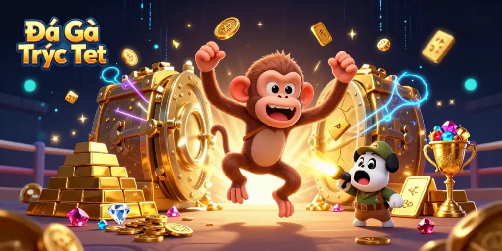 Bet on Đá Gà Trực Tiếp as the mischievous monkey juggles coins and dice in a vibrant arena.