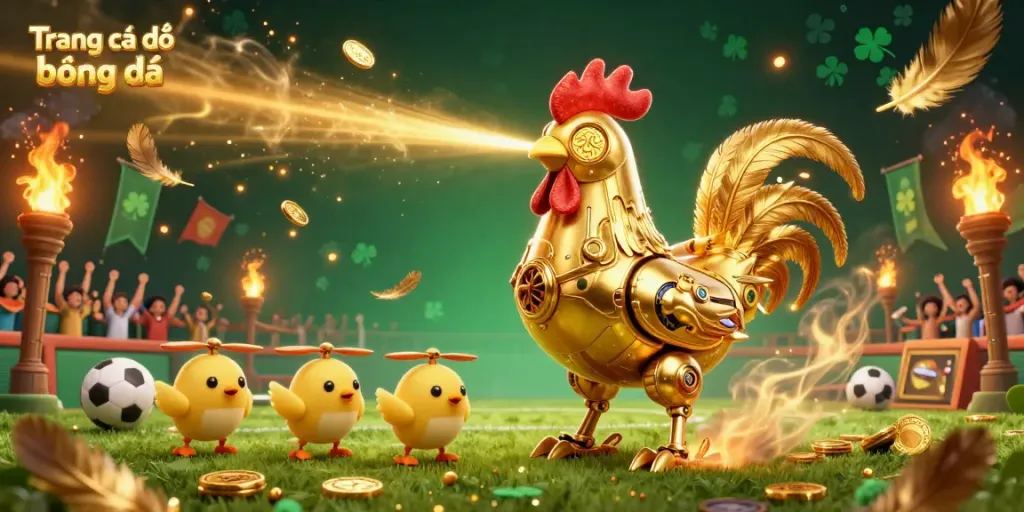 Place winning bets on Trang cá độ bóng đá at an energetic sports betting arena with a golden rooster character.