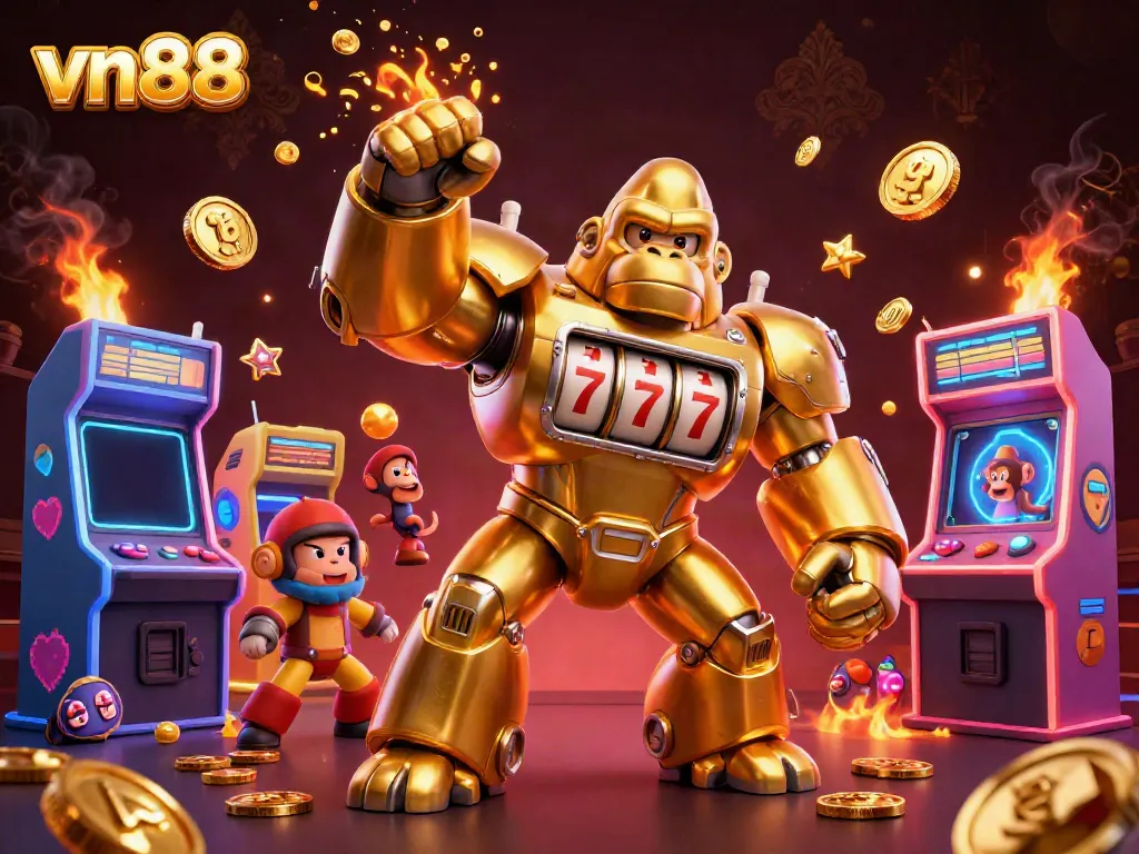Experience the thrill of vn88 with a vibrant 3D illustration of a golden gorilla mech amidst casino elements.