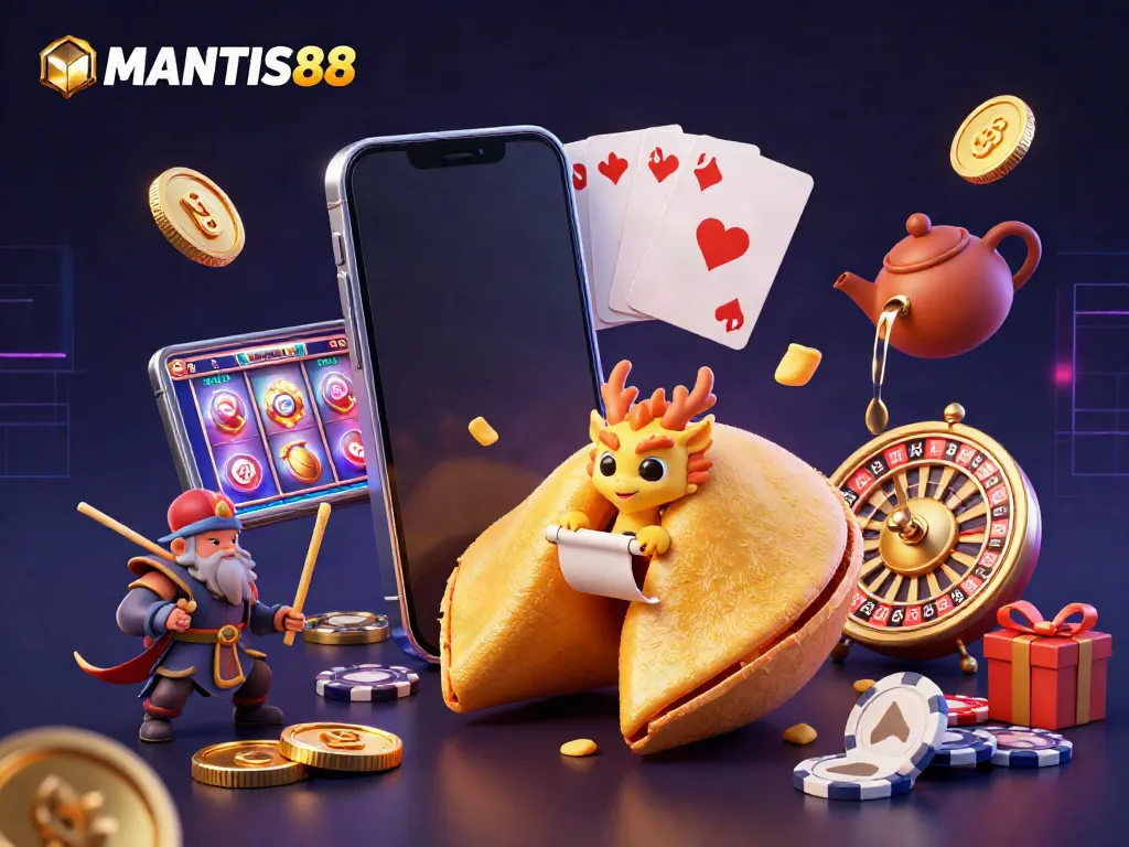 MANTIS88 showcases a golden fortune cookie scene with gaming elements, illustrating the excitement of online gambling.
