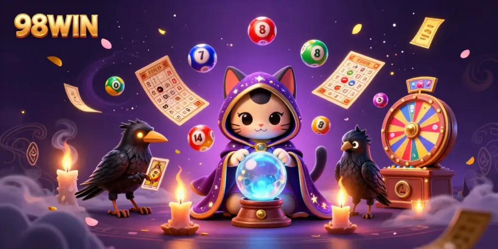 Engage in thrilling gaming with 98WIN, where a mystical cat and raven bring excitement alive.