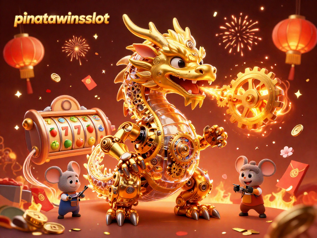 Engage in the vibrant action of pinatawinsslot with golden dragons and slot elements in a festive scene.