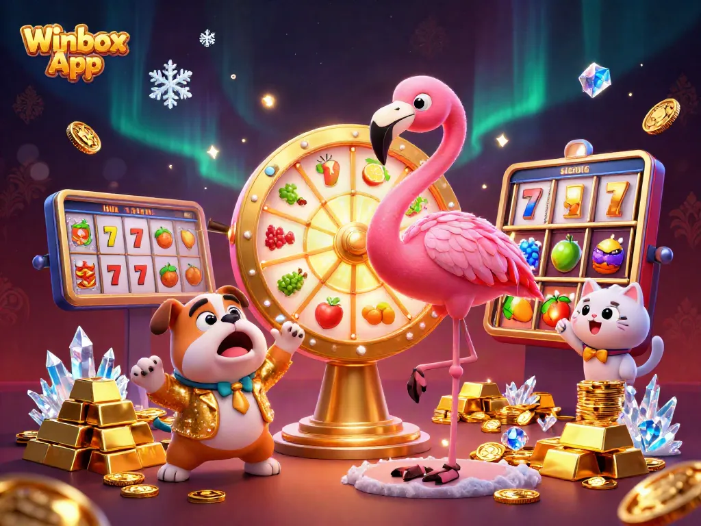 Experience the excitement of the Winbox App with vibrant slot reels and winners in a dazzling casino scene.