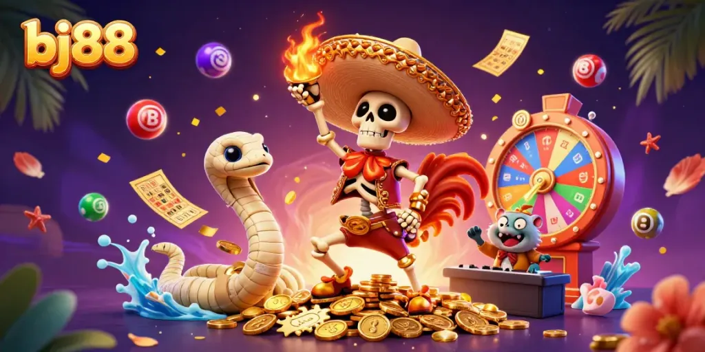 Join the fun with bj88 as the mariachi rooster celebrates with colorful casino elements in a vibrant scene.