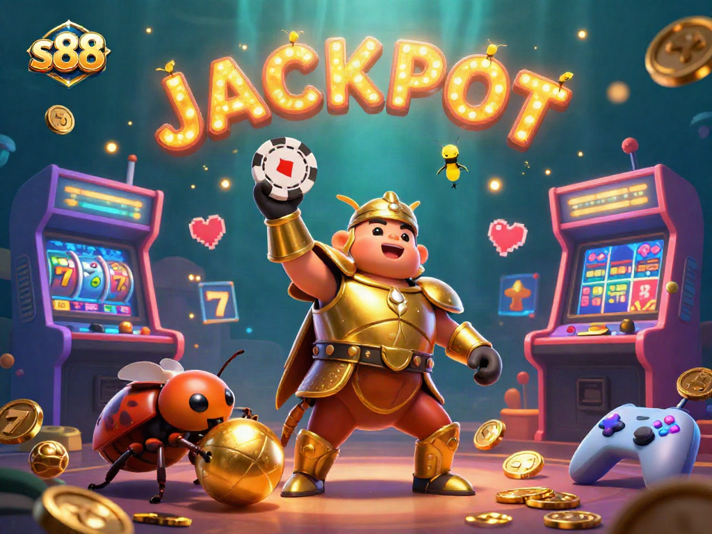 s88 concept art depicting a victorious hercules beetle lifting a poker chip, surrounded by slot machines and sparkling gold coins.