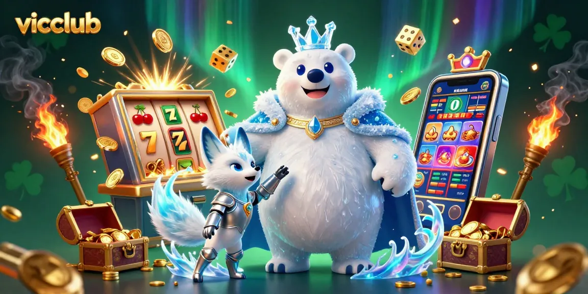 Experience vicclub action with a vibrant 3D casino scene featuring an ice king polar bear and snow fox.
