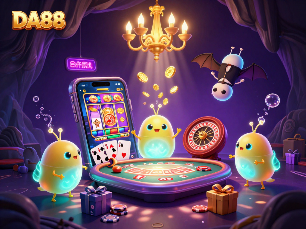 Experience DA88's vibrant casino with glowing glowworms and dynamic gaming elements in this 3D illustration.