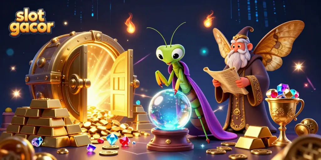 Menggoda keberuntungan di slot gacor dengan ilustrasi mendetail 3D makhluk mistis dan harta karun mengagumkan.