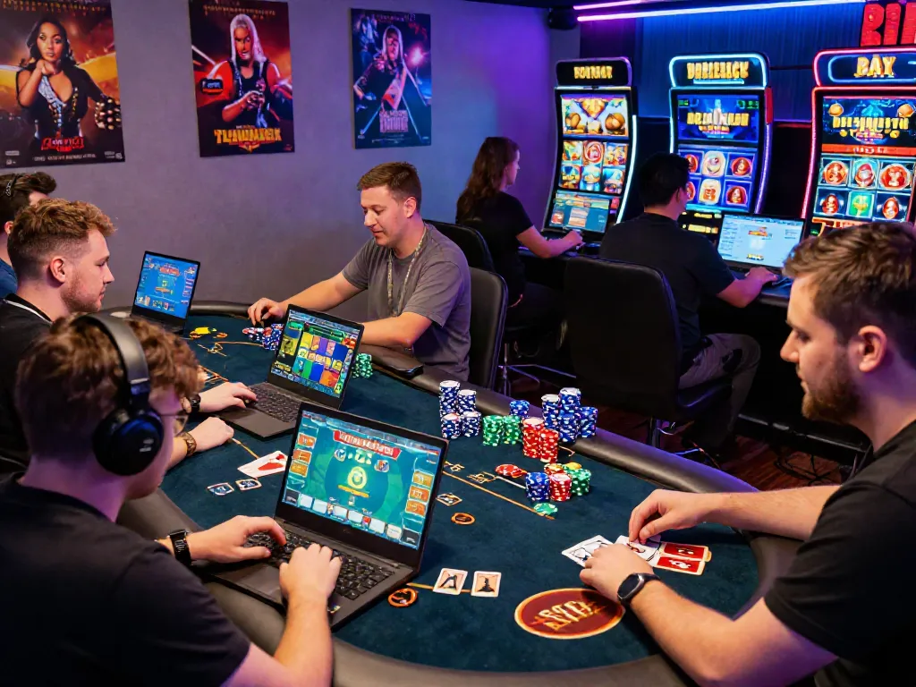 Non UK online casinos players engaged in exciting gaming activities with colorful screens and vibrant atmosphere.