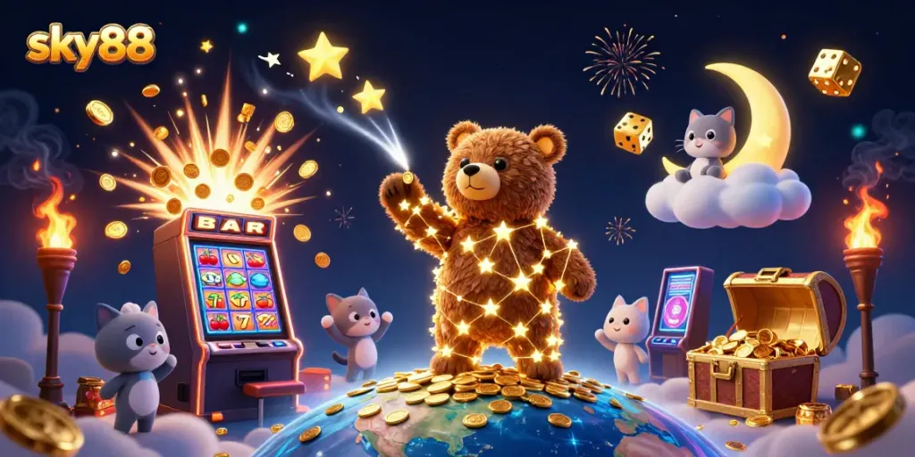 Experience the excitement of sky88 with golden stars and a jackpot explosion in a vibrant casino scene.