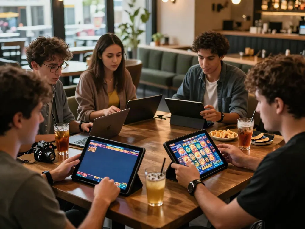 Players engaging with luxury12 online slots in a cozy café atmosphere.
