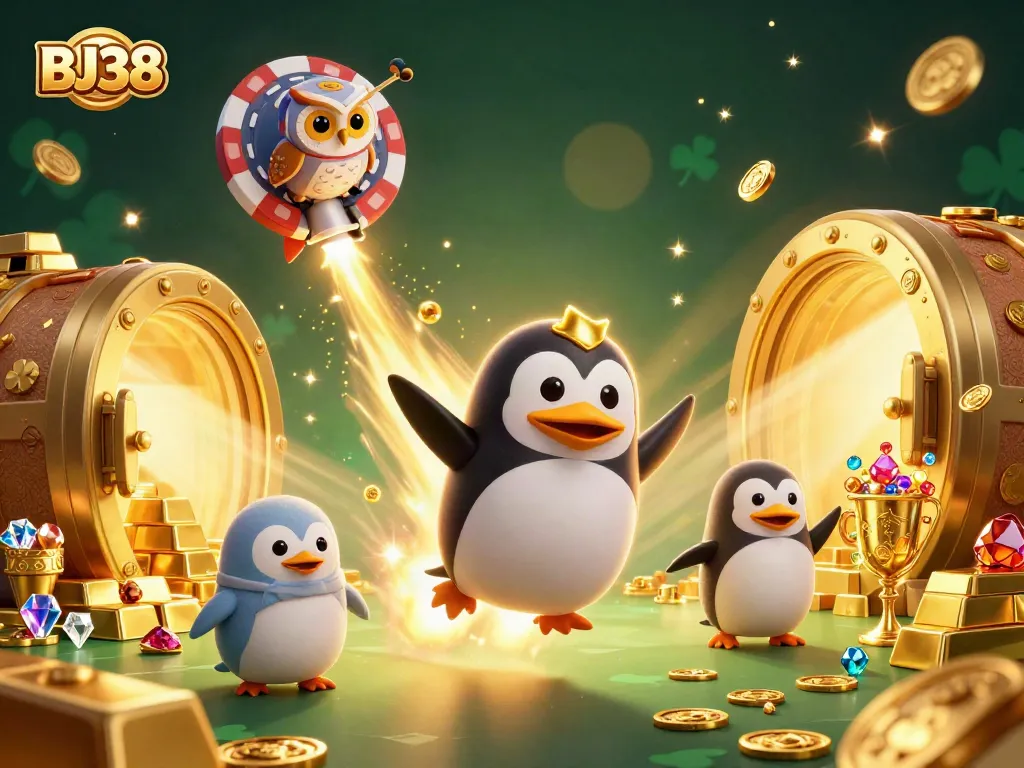 Experience BJ38 with a golden penguin engaging in thrilling casino adventure surrounded by riches.