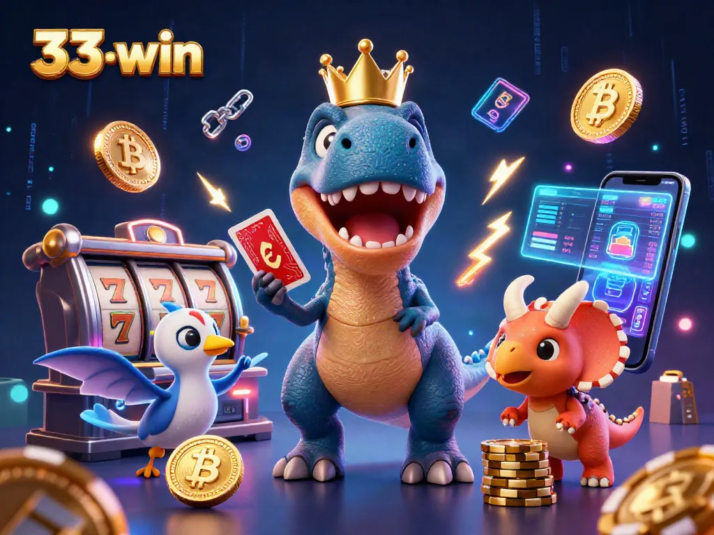 Experience winning with 33-win's exciting 3D casino scene showcasing thrilling games, chips, and vibrant characters.